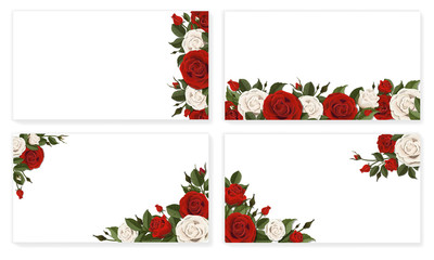 Paper sheet with red and white rose flowers. Template for calling or greeting card decorated floral ornament. Set.