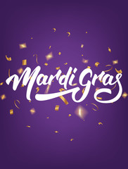 Mardi Gras. Poster with Mardi Gras lettering and gold shiny confetti. Fat Tuesday holiday background