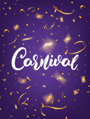 Obraz na płótnie Canvas Carnival. Mardi Gras poster with Carnival lettering and gold shiny confetti. Fat Tuesday holiday background