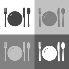 Vector icon set knife, fork, spoon and plate. Cutlery. Table setting on on white-grey-black color