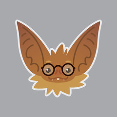 Bat emotional head. Vector illustration of bat-eared brown creature shows nerd emotion. Smart emoji. Smiley icon. Halloween decoration, print, chat, communication. Object with sublayer. Education.