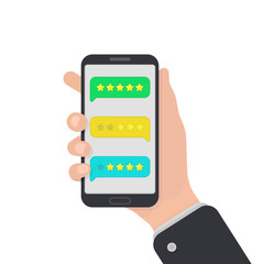 User reviews on smartphone. Feedback. Testimonial messages on mobile phone. Review rating in speech bubbles. Good and bad rate. Hand with smartphone. Flat style.