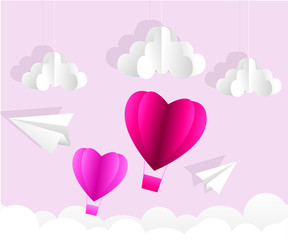 Obraz na płótnie Canvas Valentines day , Illustration of love , Hot air balloon in a heart shape flying on sky , paper art