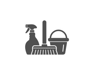 Cleaning service simple icon. Spray, bucket and mop symbol. Housekeeping equipment sign. Quality design elements. Classic style. Vector