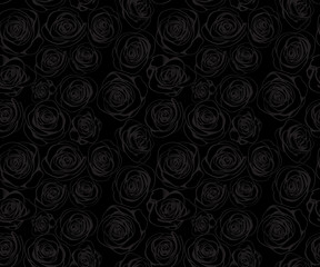 Black seamless pattern with gray line roses. Vector elegant vintage floral illustration
