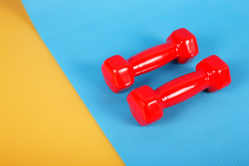 Sport and fitness - red dumbbells on bichromatic background