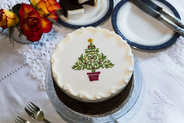 Fruit cake decorated on top with marzipan and royal icing and stencilled  Christmas Tree. 