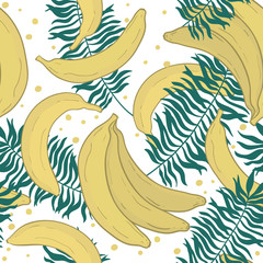 Seamless pattern with tropical palm leaves and bananas. Vector illustration.