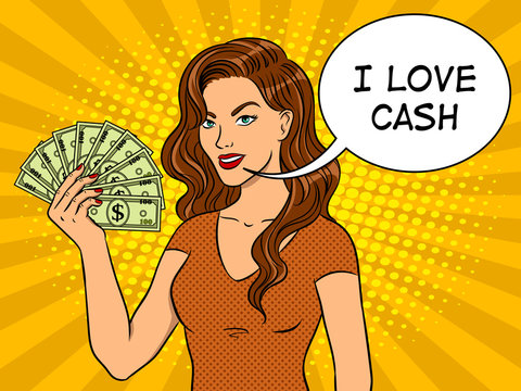 Young woman with cash dollars pop art vector