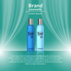 3D realistic cosmetic bottle ads template. Cosmetic brand advertising concept design with wavy light abstract background