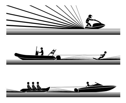 Enjoying in various water adrenaline sports. llustration in form of pictograms which represent amusement and enjoyment in water sports, jet ski,  water ski, banana boat ride.