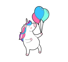 Cute fat unicorn happy jumps with balloons in hand. Unicorn isolated vector icon.