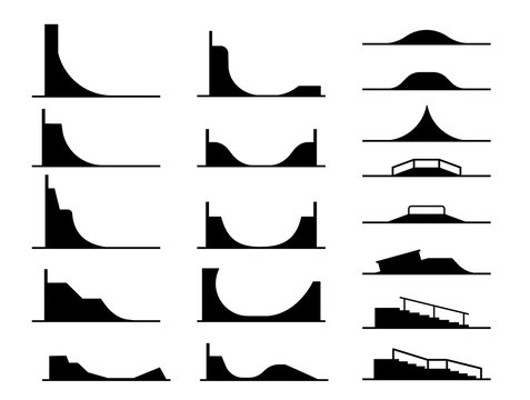 Illustration in form of pictograms which represent types of ramps for skate parks and railings for bicycle and skateboard tricks and stunts. Equipment for enjoyment in extreme adrenaline sport.