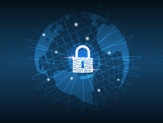 Cyber Security Concept : Closed padlock protect world global network on binary code background.