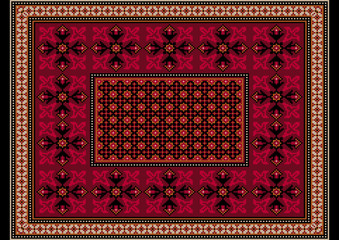 Luxurious burgundy carpet with ethnic ornaments with patterns of crimson flowers on the border and orange brown frame the edges
