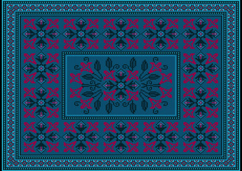 Luxurious blue carpet with ethnic ornaments of crimson flower patterns to the border and with a bouquet of crimson flowers in the center

