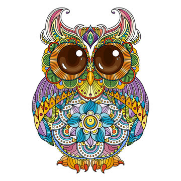 Vector zendoodle ornate owl illustration. Picture for coloring pages, printing and antistress books.