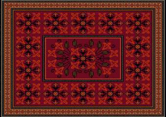 Luxurious burgundy carpet with ethnic ornaments of red flower patterns to the border and with a bouquet of red flowers in the center