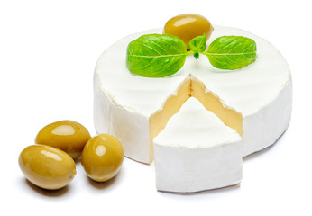 Round brie or camambert cheese on a white background