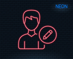 Neon light. Edit User line icon. Profile Avatar with pencil sign. Male Person silhouette symbol. Glowing graphic design. Brick wall. Vector