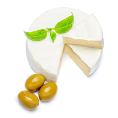 Round brie or camambert cheese on a white background