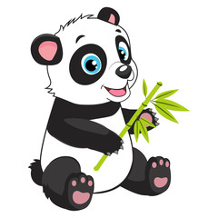 Little Funny Bear Panda Vector Image On A White Background. Cartoon Panda Eats Bamboo Branch Vector Illustration. Panda Bear Costume.