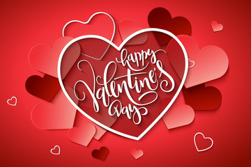 Vector illustration of valentine's day greetings card with hand lettering label - happy valentine's day - with a lot of heart shapes on cherry tomato background