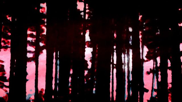 Night forest, trunks and branches of trees move in dark, dark forest, scary forest. Magic lantern, foggy paintings, outline, silhouette of forest, dynamic sketch. Forest dynamic background
