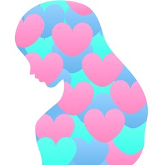 Vector double exposure illustration. Woman silhouette with blue and pink abstract hearts isolated on white background