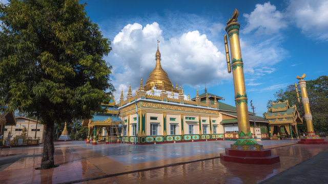  Golden Temple in Myanmar with blue sky