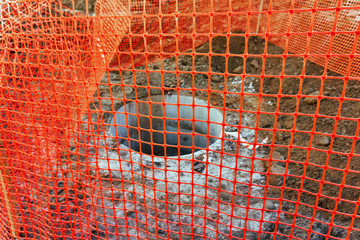 Red mesh fences an open well on the street at a construction site