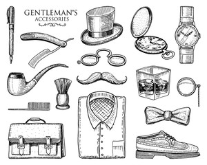 gentleman accessories. hipster or businessman, victorian era. engraved hand drawn vintage. brogues, mustache, shirt and cigar. cylinder hat, smoking pipe, straight razor, monocle, pince-nez - obrazy, fototapety, plakaty