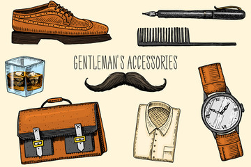 gentleman accessories. hipster or businessman, victorian era. engraved hand drawn vintage. brogues and fountain pen, briefcase and pouch, comb and wristwatch, mustache and shirt, a glass of whiskey.