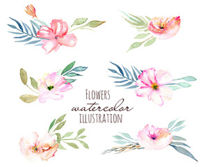 Watercolor field carnations and green branches bouquets set, hand drawn on a white background
