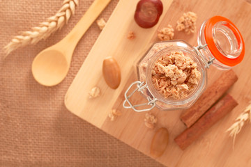 Food breakfast concept Spot focus Organic Muesli or Granola on wooden board with copy space