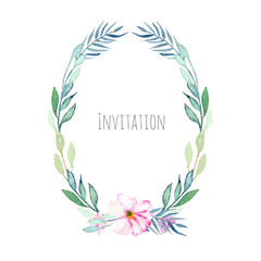 Watercolor pink field carnation and green branches oval frame, hand drawn on a white background, invitation card design