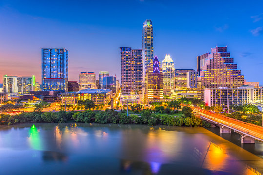 Austin, Texas, USA downtown skyline over the river.