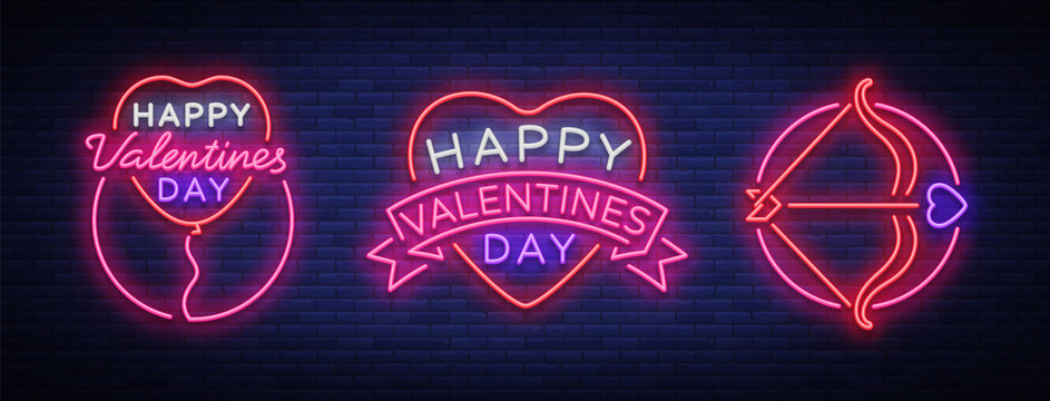 Valentine s Day is a collection of neon signs. Collection banners, neon billboards, vibrant advertising, brochures. Design template for greetings, flyer, card, invitation. Vector illustration