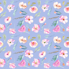 Watercolor field carnations, roses and small field green branches seamless pattern, hand drawn isolated on a blue background