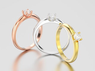 3D illustration three yellow, rose and white gold or silver traditional solitaire engagement diamond rings
