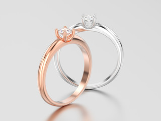 3D illustration two rose and white gold or silver traditional solitaire engagement diamond rings