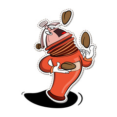 Coffee ginder juggles with coffee beans, vector cartoon illustration, sticker.