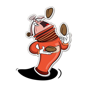 Coffee ginder juggles with coffee beans, vector cartoon illustration, sticker.