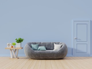 In room blue for live have sofa and shelf back blue wall background,3D rendering