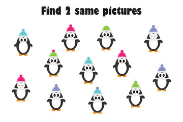 Find two identical pictures, fun education game with penguins in cartoon style, for children, preschool worksheet activity for kids,, task for the development of logical thinking, vector illustration