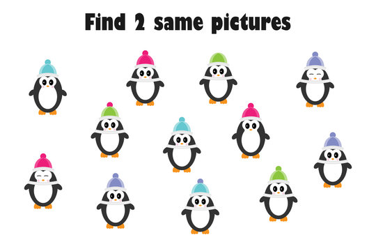 Find two identical pictures, fun education game with penguins in cartoon style, for children, preschool worksheet activity for kids,, task for the development of logical thinking, vector illustration