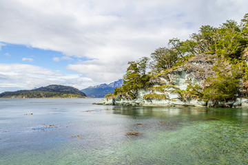 Fototapeta na wymiar Forest and beagle channel in Coast Trail, Tierra del Fuego National Park