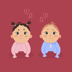 Newborn baby girl and boy in long sleeved footies and scratch mittens. Sitting together. Cute little children in pink and blue isolated on white background