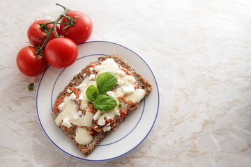 tomato salsa and mozzarella cheese grated on whole grain bread with basil garnish on a plate, light marble background, copy space, high angle view from above