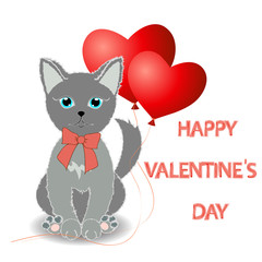Cute kitten wishes happy Valentine's Day. Two red balloon in the shape of a heart. Illustration. Vector.
